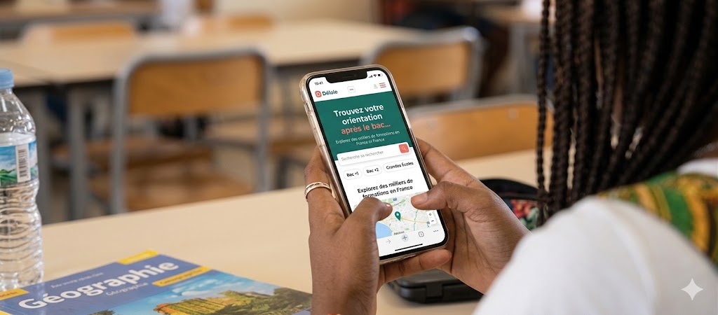 Une lycéenne consulte Dékole sur son téléphone en classe